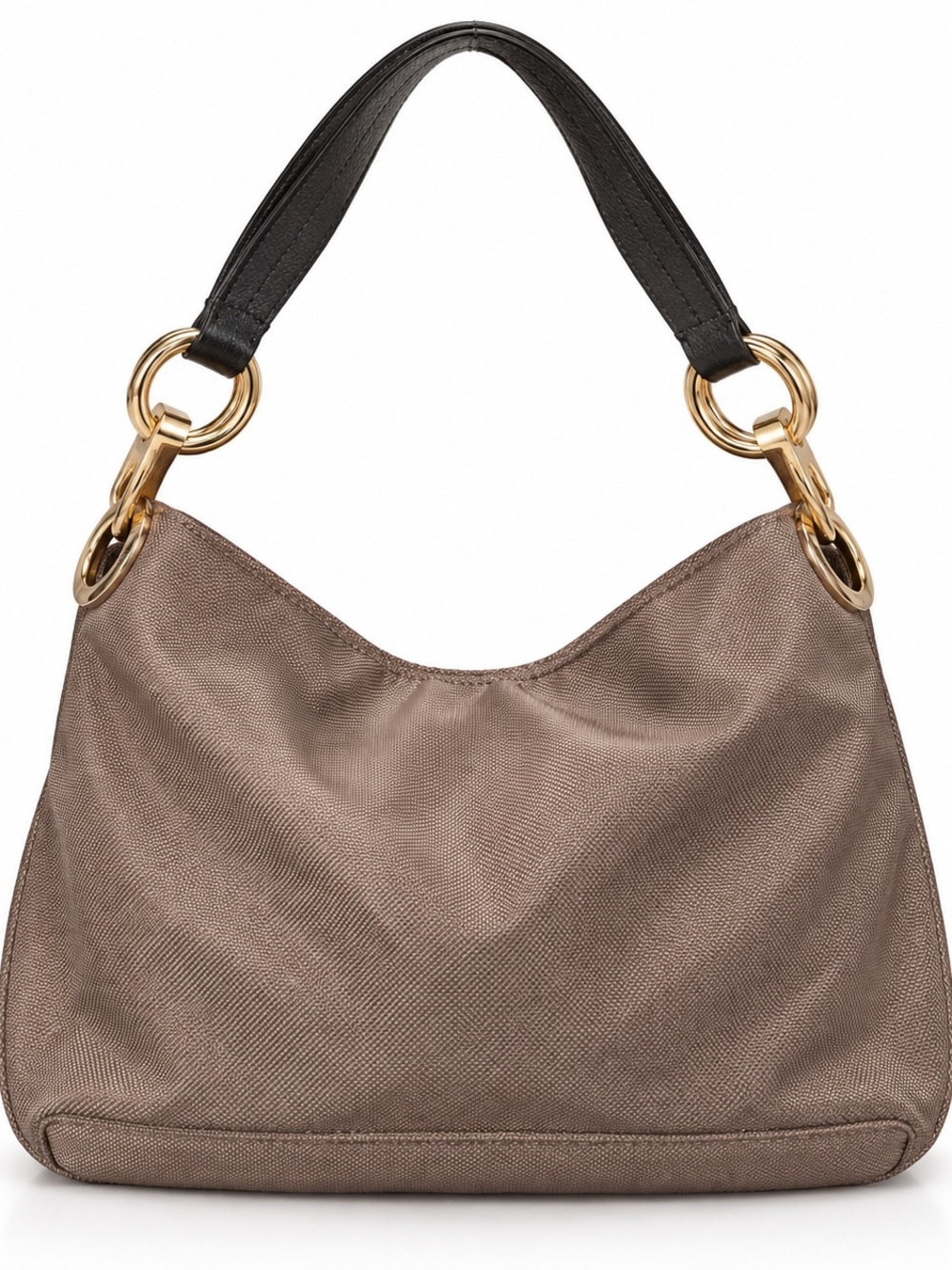 JPK Paris 75 Taupe Nylon Hobo Shoulder Bag Black Leather Gold Hardware